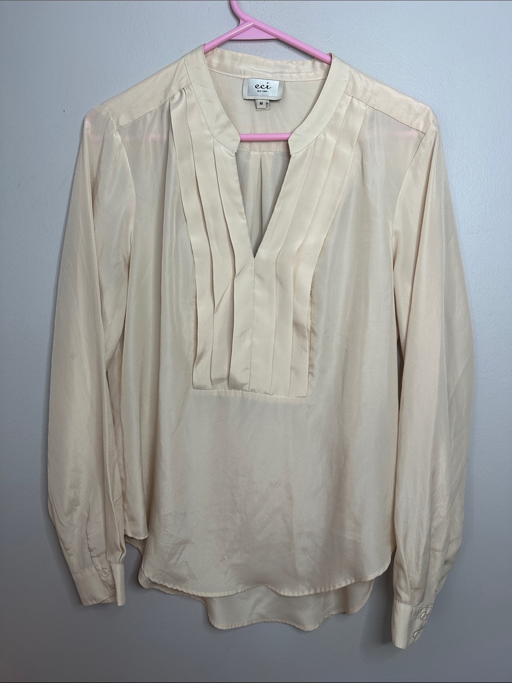 ECI Ivory Pleated V-Neck Long Sleeve Blouse
